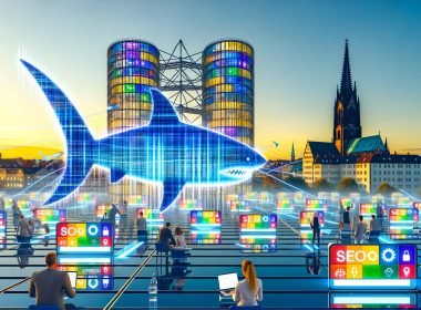 Dynamische, digitale Mainzer Stadtszene bei Sonnenuntergang mit modernen Bürogebäuden, SEO-Icons, pulsierenden Datenströmen, erkennbaren Mainzer Wahrzeichen und Menschen beim SEO-Wettbewerb.