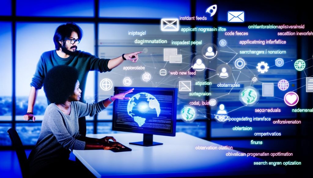 Moderner Arbeitsplatz mit Facebook Instant Articles Dashboard, auf dem Entwickler und Marketer gemeinsam an einer dynamischen RSS-Feed-Struktur arbeiten. Im Hintergrund schweben Icons für API, Feeds, Code-Snippets, SEO, Monitoring und Analytics.
