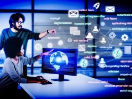 Moderner Arbeitsplatz mit Facebook Instant Articles Dashboard, auf dem Entwickler und Marketer gemeinsam an einer dynamischen RSS-Feed-Struktur arbeiten. Im Hintergrund schweben Icons für API, Feeds, Code-Snippets, SEO, Monitoring und Analytics.