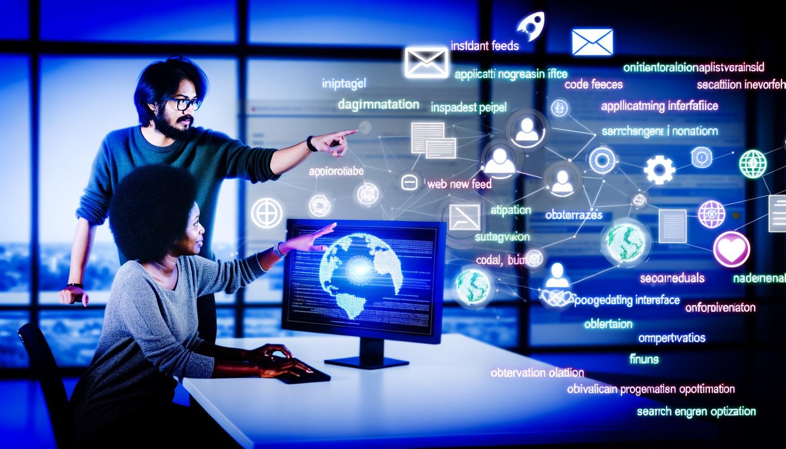 Moderner Arbeitsplatz mit Facebook Instant Articles Dashboard, auf dem Entwickler und Marketer gemeinsam an einer dynamischen RSS-Feed-Struktur arbeiten. Im Hintergrund schweben Icons für API, Feeds, Code-Snippets, SEO, Monitoring und Analytics.