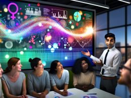 Junger Marketer präsentiert einem kleinen, diversen Team lebendige Datenvisualisierungen, die als narrative Arc aus dem Bildschirm aufsteigen.