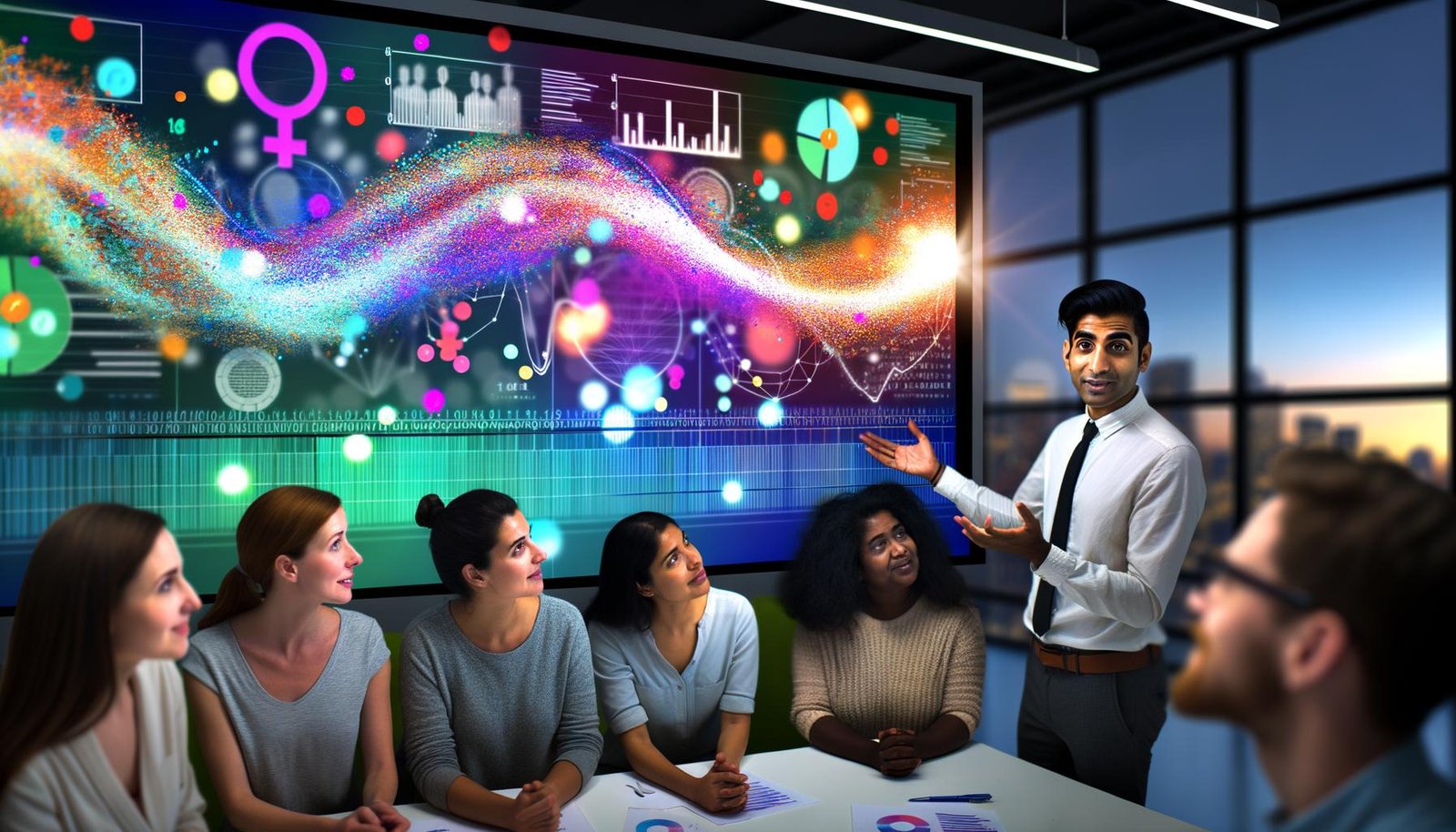 Junger Marketer präsentiert einem kleinen, diversen Team lebendige Datenvisualisierungen, die als narrative Arc aus dem Bildschirm aufsteigen.