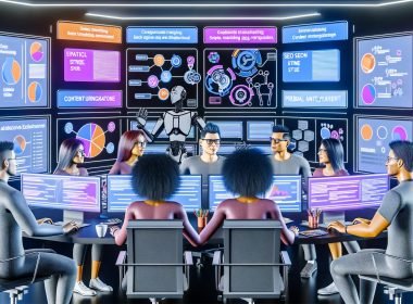Redaktionsteam arbeitet gemeinsam an digitalen Bildschirmen mit SEO-Analytics, Daten-Dashboards und Content-Planungstafeln in einem modernen Content-Studio