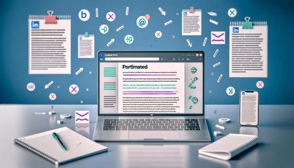 Modernes Arbeitsumfeld mit Laptop, auf dem ein strukturierter LinkedIn-Beitrag mit Unicode-Symbolen, fett geschriebenen Überschriften und Emojis angezeigt wird, daneben Notizbuch, Smartphone und Chrome-Extension-Icons.