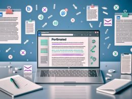 Modernes Arbeitsumfeld mit Laptop, auf dem ein strukturierter LinkedIn-Beitrag mit Unicode-Symbolen, fett geschriebenen Überschriften und Emojis angezeigt wird, daneben Notizbuch, Smartphone und Chrome-Extension-Icons.
