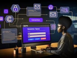 Webdesigner arbeitet an Webflow-Website mit Newsletter-Anmeldeformular, Integrationen von Zapier, Make und Mailchimp sowie Symbolen für GDPR, Sicherheit und APIs im Hintergrund.