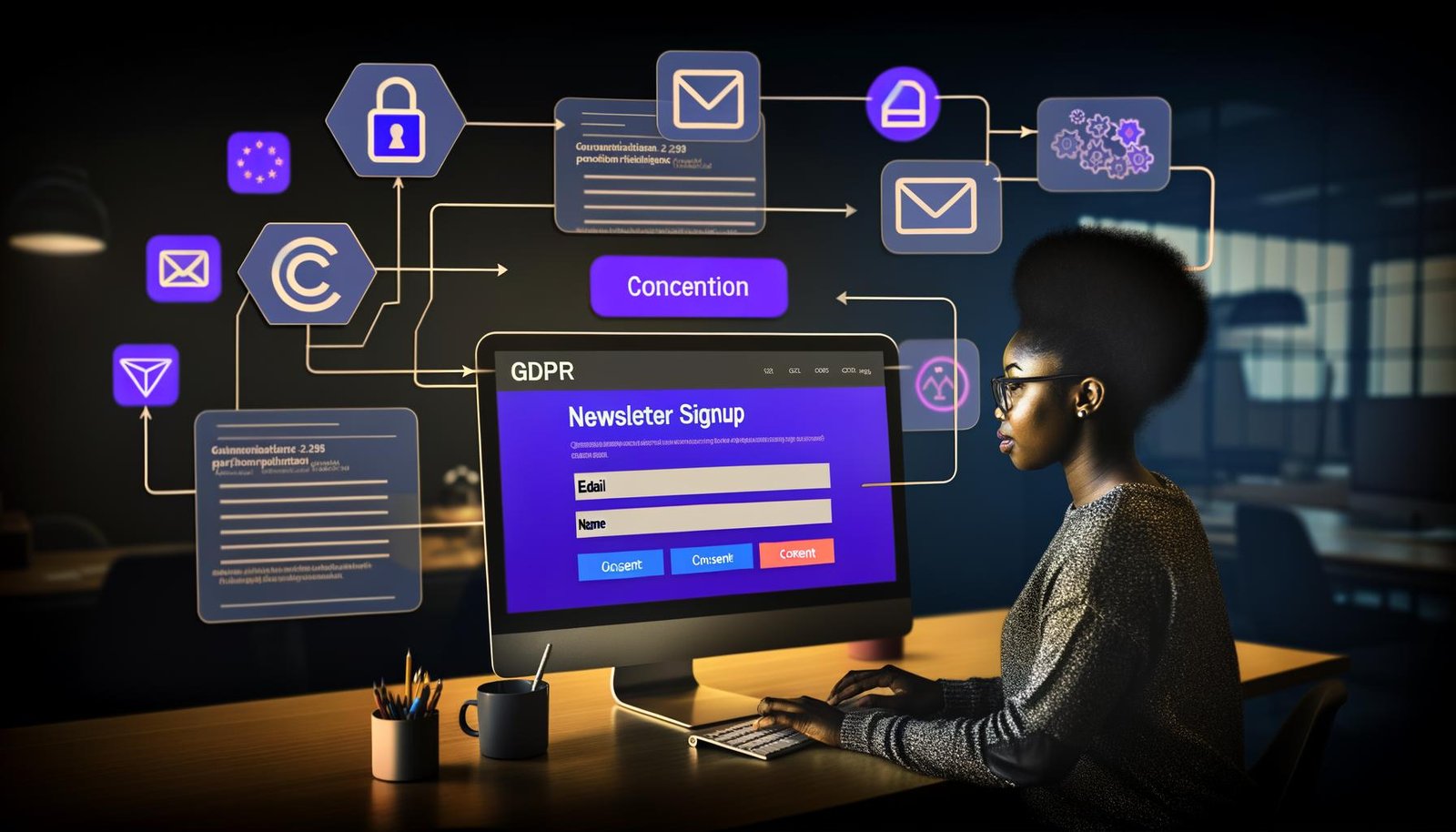 Webdesigner arbeitet an Webflow-Website mit Newsletter-Anmeldeformular, Integrationen von Zapier, Make und Mailchimp sowie Symbolen für GDPR, Sicherheit und APIs im Hintergrund.