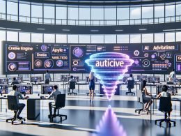 Offener, moderner Newsroom mit großen Monitoren, die Facebook-Instant-Articles zeigen, KI-generierte Werbeanzeigen als Hologramm und Mitarbeitende, die Daten und Statistiken beobachten.