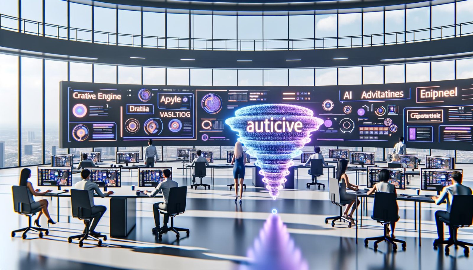 Offener, moderner Newsroom mit großen Monitoren, die Facebook-Instant-Articles zeigen, KI-generierte Werbeanzeigen als Hologramm und Mitarbeitende, die Daten und Statistiken beobachten.