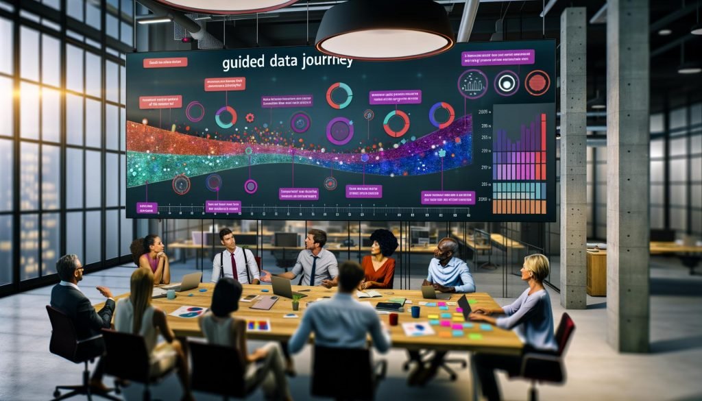 Vielseitiges Team betrachtet gemeinsam im zeitgemäßen Büro ein großes Daten-Dashboard mit bunten interaktiven Grafiken und erklärenden Textfeldern.