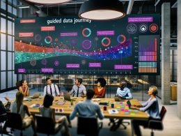 Vielseitiges Team betrachtet gemeinsam im zeitgemäßen Büro ein großes Daten-Dashboard mit bunten interaktiven Grafiken und erklärenden Textfeldern.
