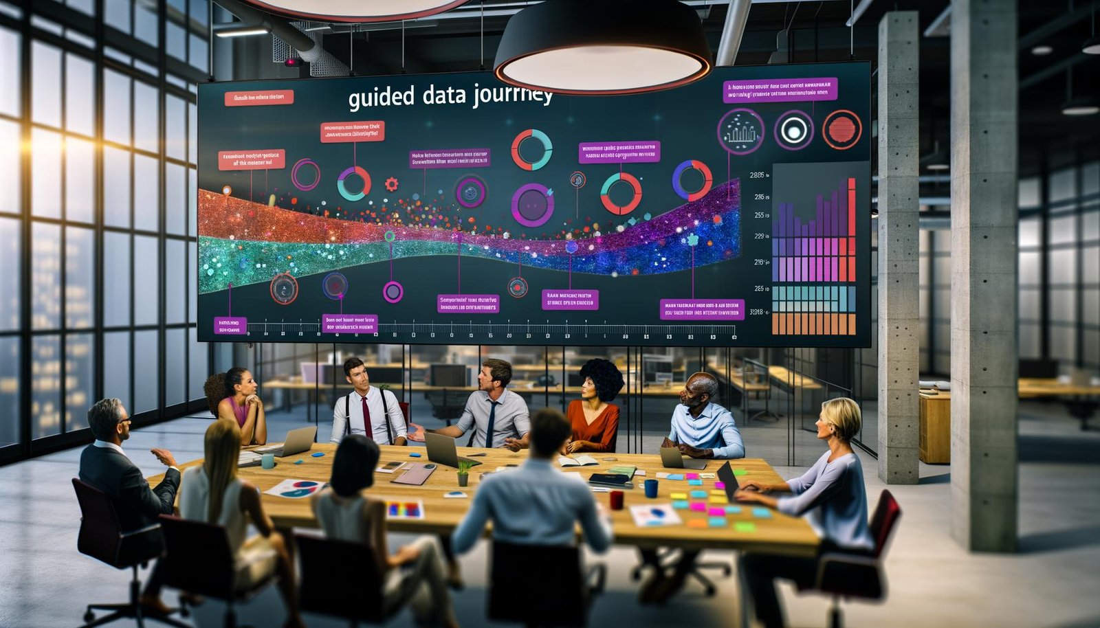 Vielseitiges Team betrachtet gemeinsam im zeitgemäßen Büro ein großes Daten-Dashboard mit bunten interaktiven Grafiken und erklärenden Textfeldern.