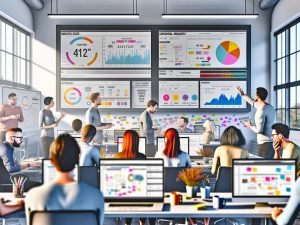 Moderne Redaktion mit digitalen Dashboards, Whiteboard voller Post-its, konzentrierten Teammitgliedern und technischen Tools wie Analytics-Software im offenen Büro.