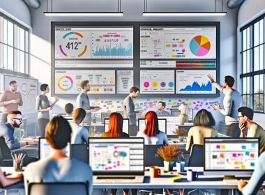 Moderne Redaktion mit digitalen Dashboards, Whiteboard voller Post-its, konzentrierten Teammitgliedern und technischen Tools wie Analytics-Software im offenen Büro.