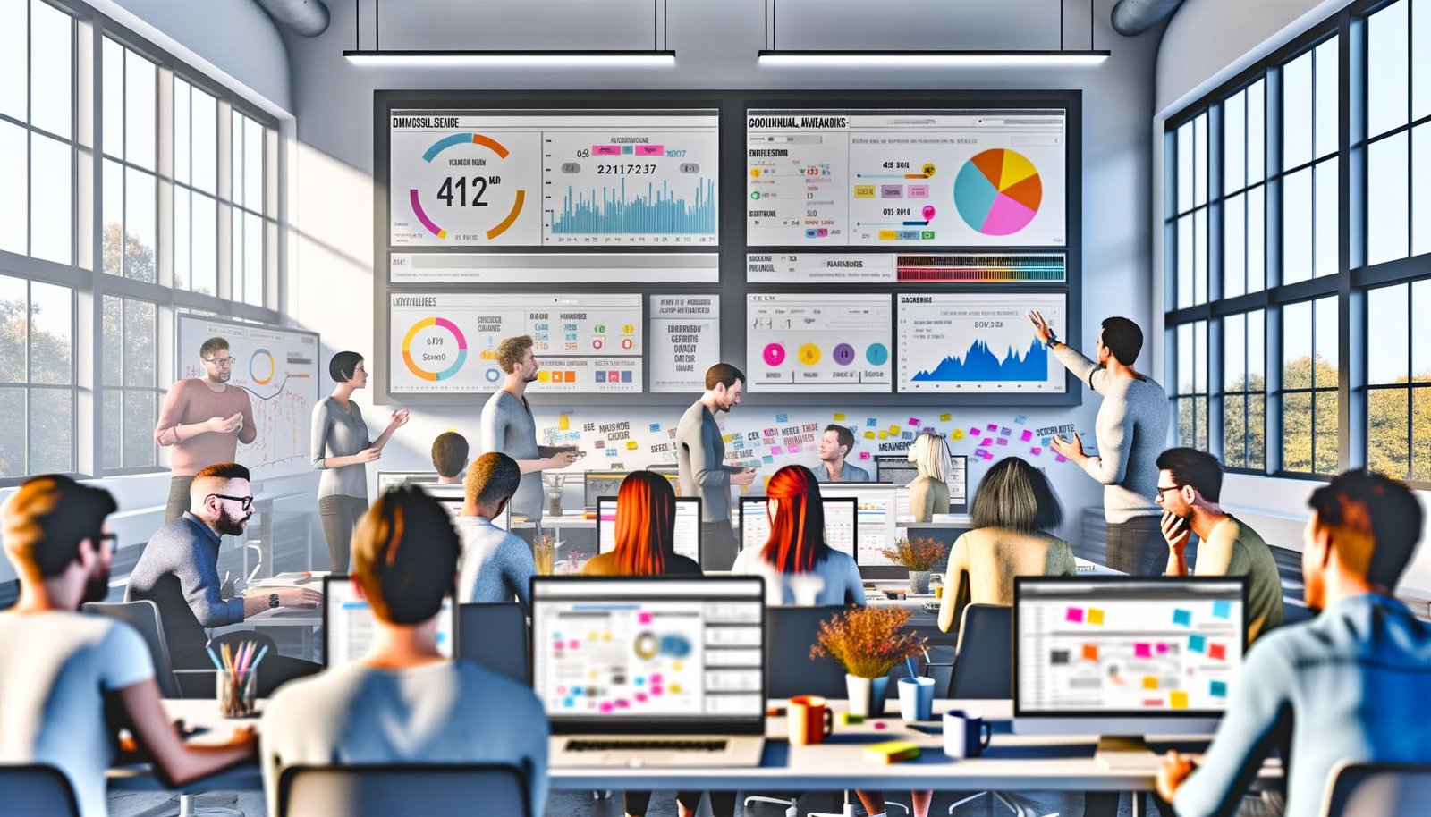 Moderne Redaktion mit digitalen Dashboards, Whiteboard voller Post-its, konzentrierten Teammitgliedern und technischen Tools wie Analytics-Software im offenen Büro.