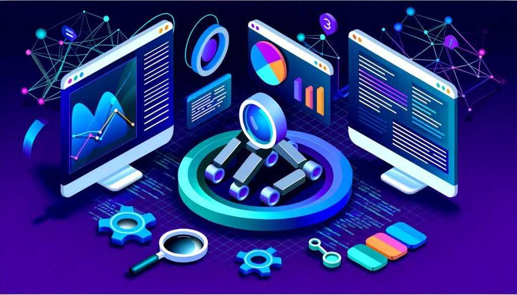 Isometrische Grafik eines abstrakten SEO-Dashboards mit Charts, Ranking-Tabellen, Icons für Backlinks, Keywords, Roboterarm und verschiedenen SEO-Analysetools im modernen Farbschema.