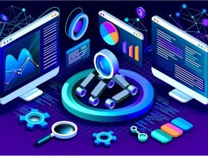Isometrische Grafik eines abstrakten SEO-Dashboards mit Charts, Ranking-Tabellen, Icons für Backlinks, Keywords, Roboterarm und verschiedenen SEO-Analysetools im modernen Farbschema.