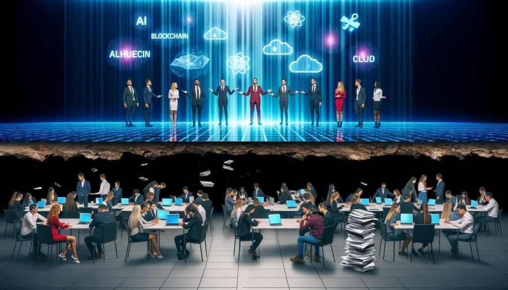 Ein moderner Konferenzsaal mit Tech-Gurus auf einer LED-Bühne, holographische Begriffe wie AI und Blockchain über ihren Köpfen, während im abgedunkelten Hintergrund erschöpfte Entwickler an ihren Laptops sitzen, getrennt durch einen digitalen Abgrund voller Fehlermeldungen.