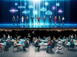 Ein moderner Konferenzsaal mit Tech-Gurus auf einer LED-Bühne, holographische Begriffe wie AI und Blockchain über ihren Köpfen, während im abgedunkelten Hintergrund erschöpfte Entwickler an ihren Laptops sitzen, getrennt durch einen digitalen Abgrund voller Fehlermeldungen.