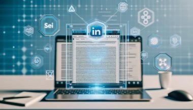 Moderner Laptop mit geöffnetem LinkedIn-Editor, zeigt KI-generierte Textvorschläge, Keywords und digitale Icons für KI, SEO und Engagement vor einem professionellen Workspace-Hintergrund.