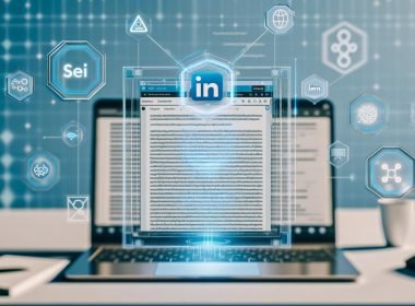 Moderner Laptop mit geöffnetem LinkedIn-Editor, zeigt KI-generierte Textvorschläge, Keywords und digitale Icons für KI, SEO und Engagement vor einem professionellen Workspace-Hintergrund.