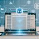 Moderner Laptop mit geöffnetem LinkedIn-Editor, zeigt KI-generierte Textvorschläge, Keywords und digitale Icons für KI, SEO und Engagement vor einem professionellen Workspace-Hintergrund.