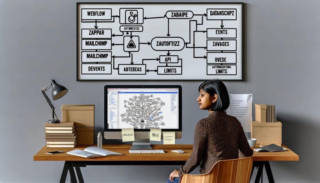Moderne Marketing-Arbeitsplatz mit komplexem Automatisierungs-Workflow zwischen Webflow, Zapier, Make, Mailchimp, Datenbanken und benutzerdefiniertem Code, umgeben von Notizzetteln zu Datenschutz, Events und API-Limits.