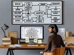 Moderne Marketing-Arbeitsplatz mit komplexem Automatisierungs-Workflow zwischen Webflow, Zapier, Make, Mailchimp, Datenbanken und benutzerdefiniertem Code, umgeben von Notizzetteln zu Datenschutz, Events und API-Limits.