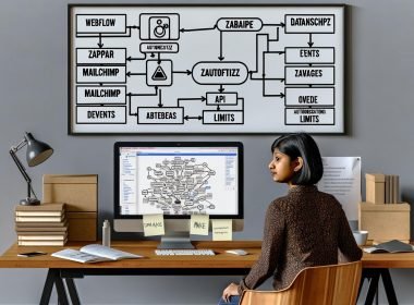 Moderne Marketing-Arbeitsplatz mit komplexem Automatisierungs-Workflow zwischen Webflow, Zapier, Make, Mailchimp, Datenbanken und benutzerdefiniertem Code, umgeben von Notizzetteln zu Datenschutz, Events und API-Limits.