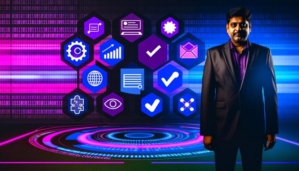 Marketer vor futuristischem Spielfeld mit Analytics-Symbolen, Dashboards, Datenströmen und Consent-Banner, in kräftigen Neonfarben und moderner Technikoptik.