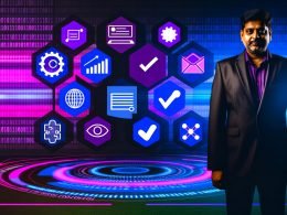 Marketer vor futuristischem Spielfeld mit Analytics-Symbolen, Dashboards, Datenströmen und Consent-Banner, in kräftigen Neonfarben und moderner Technikoptik.