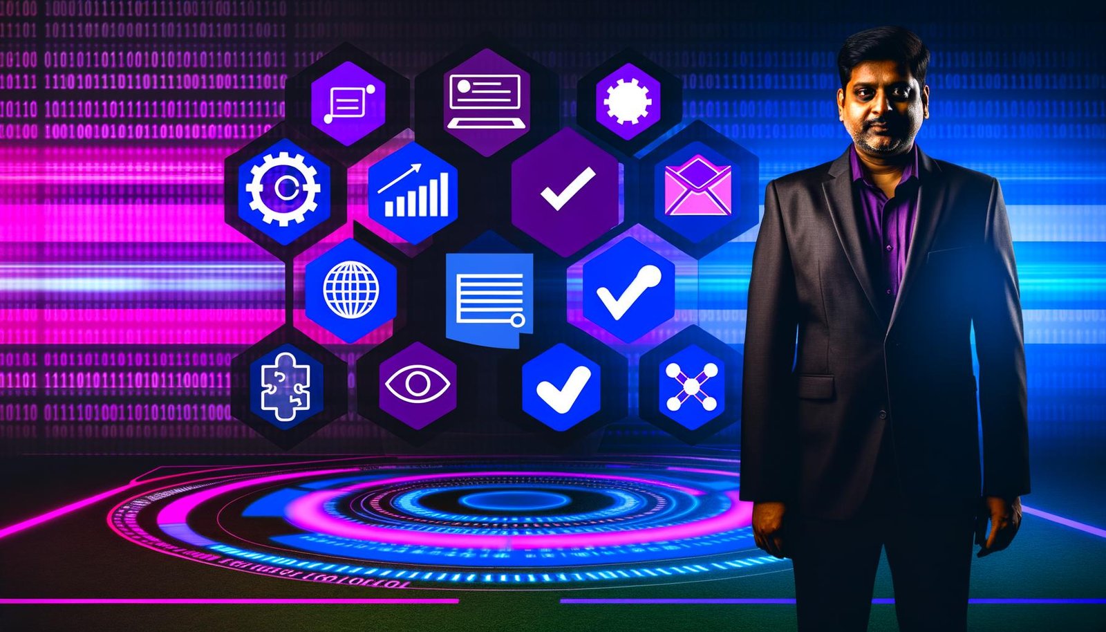 Marketer vor futuristischem Spielfeld mit Analytics-Symbolen, Dashboards, Datenströmen und Consent-Banner, in kräftigen Neonfarben und moderner Technikoptik.