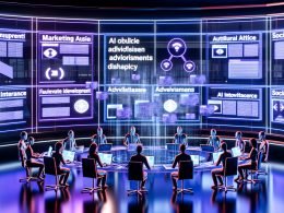 Futuristischer Newsroom mit leuchtenden Neonfarben, in dem diverse Teams Facebook Instant Articles, KI-Dashboards und native Anzeigen auf transparenten und mobilen Geräten analysieren.