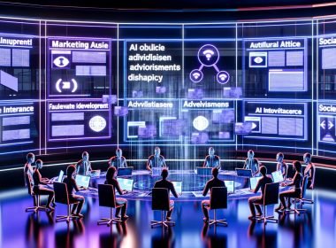 Futuristischer Newsroom mit leuchtenden Neonfarben, in dem diverse Teams Facebook Instant Articles, KI-Dashboards und native Anzeigen auf transparenten und mobilen Geräten analysieren.