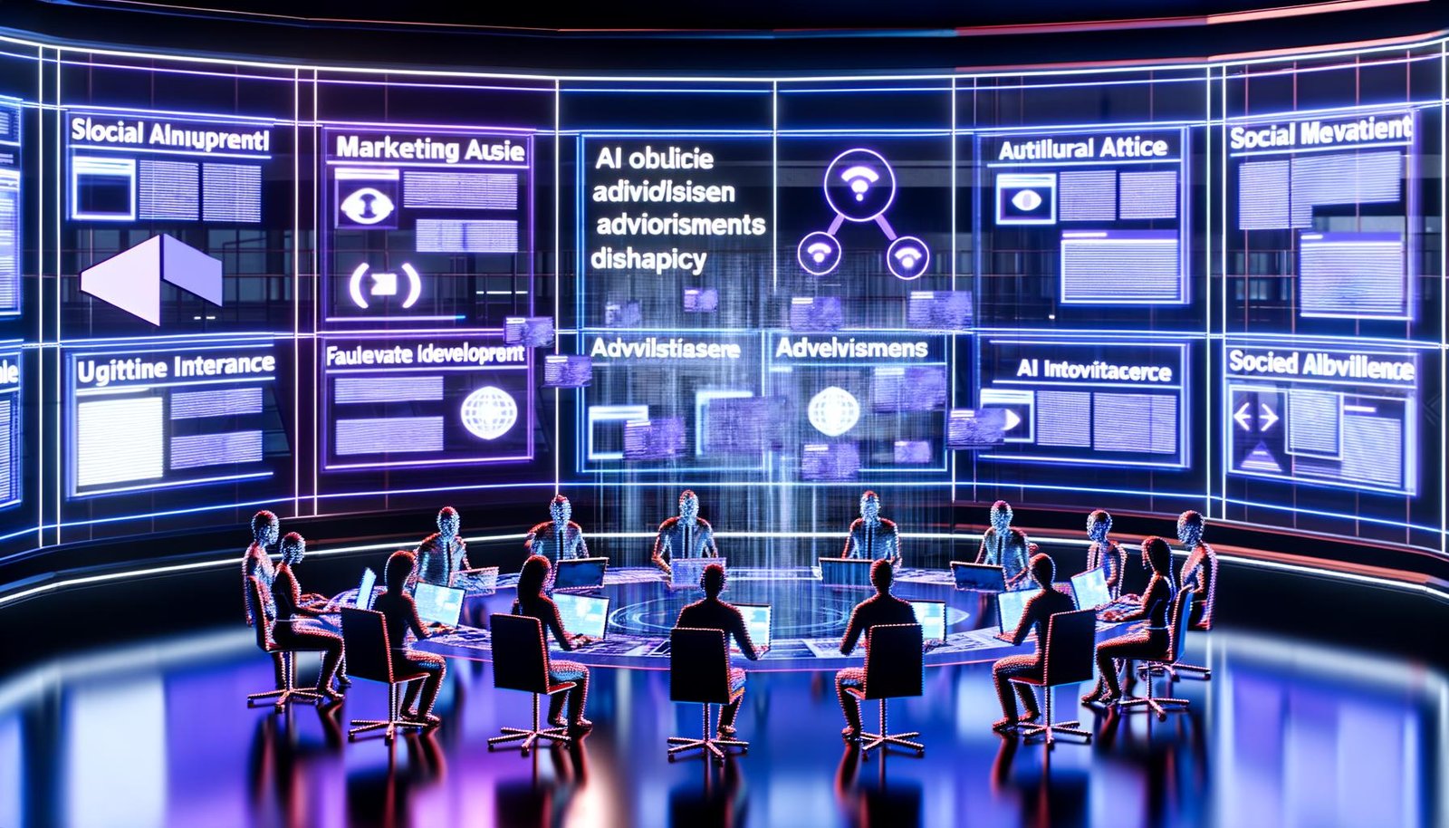 Futuristischer Newsroom mit leuchtenden Neonfarben, in dem diverse Teams Facebook Instant Articles, KI-Dashboards und native Anzeigen auf transparenten und mobilen Geräten analysieren.