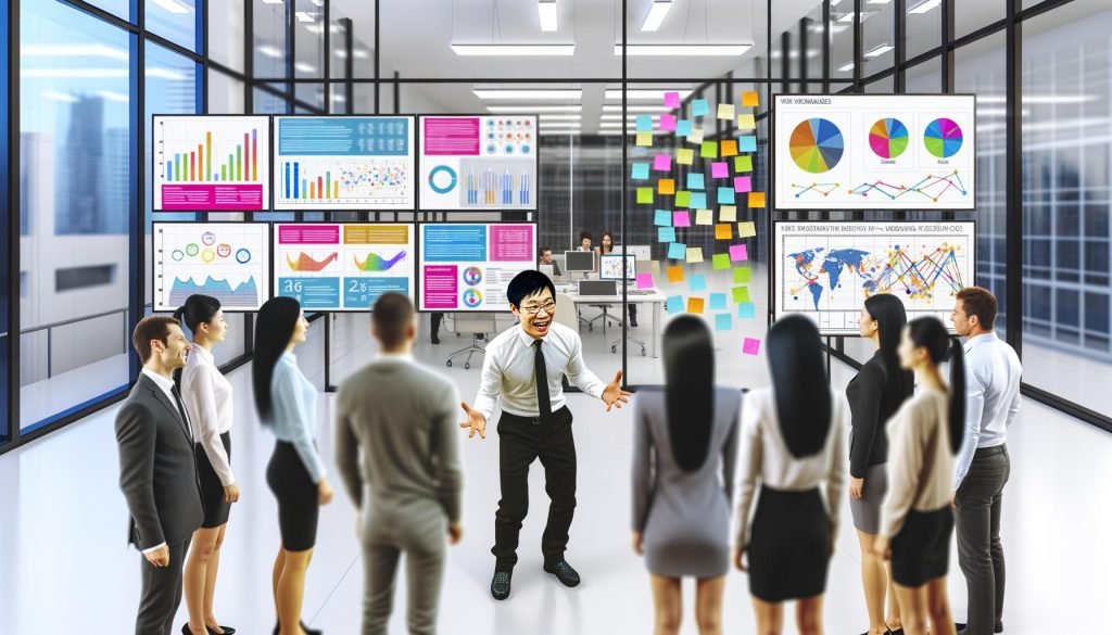 Dynamisches Team präsentiert und analysiert verschiedene bunte Datenvisualisierungen an großen Bildschirmen in einem modernen, energiegeladenen Büro mit Glaswänden und Whiteboards.