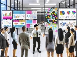 Dynamisches Team präsentiert und analysiert verschiedene bunte Datenvisualisierungen an großen Bildschirmen in einem modernen, energiegeladenen Büro mit Glaswänden und Whiteboards.