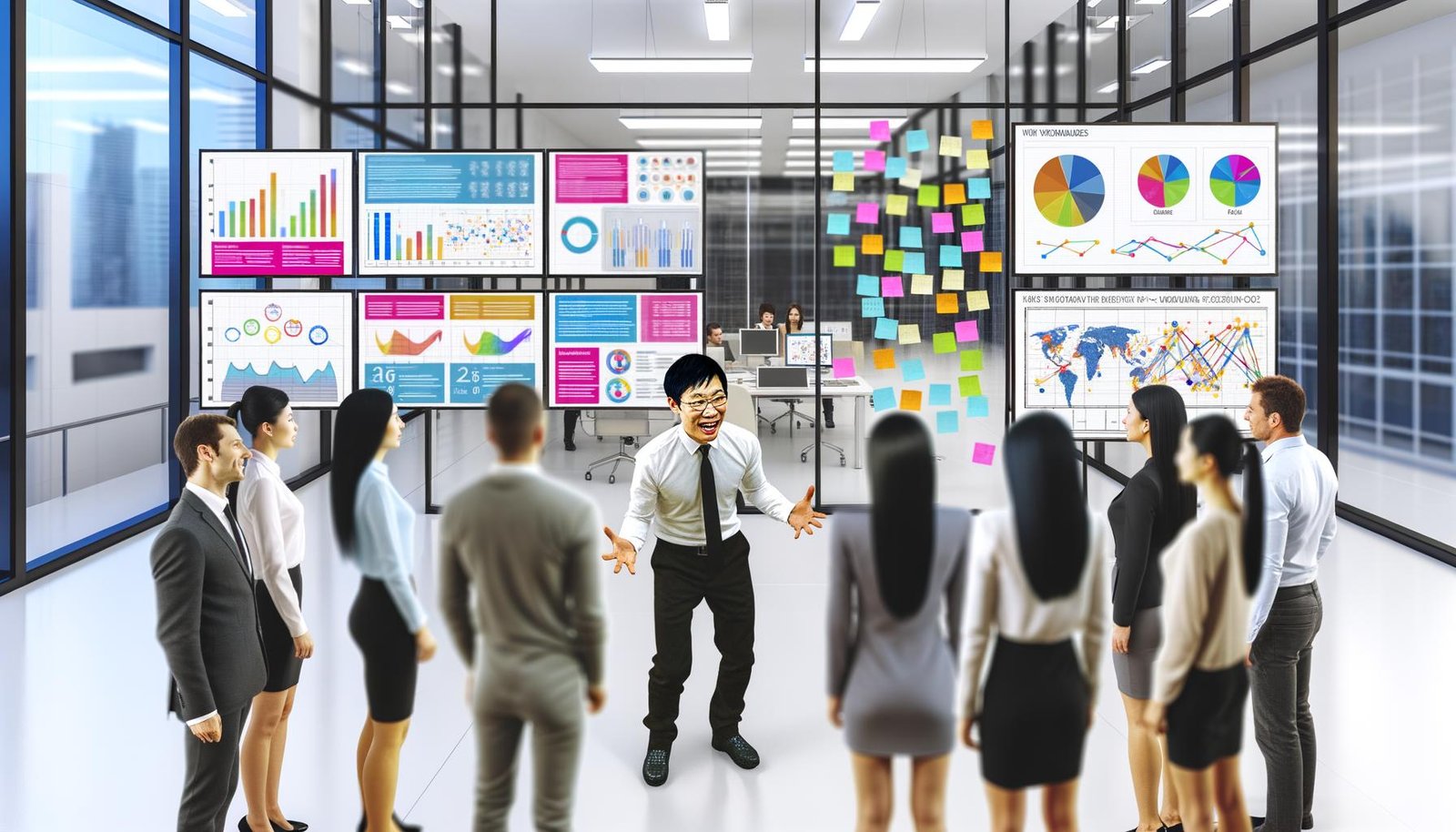 Dynamisches Team präsentiert und analysiert verschiedene bunte Datenvisualisierungen an großen Bildschirmen in einem modernen, energiegeladenen Büro mit Glaswänden und Whiteboards.