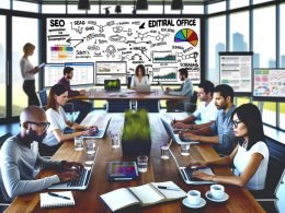 Moderne Redaktion mit Whiteboard, strategischem Redaktionsplan, SEO- und Content-Team am Holztisch, Laptops sowie großen Bildschirmen mit SISTRIX, Google Analytics und Screaming Frog Visualisierungen in einem hellen, gläsernen Büro.