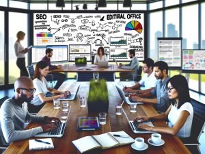Moderne Redaktion mit Whiteboard, strategischem Redaktionsplan, SEO- und Content-Team am Holztisch, Laptops sowie großen Bildschirmen mit SISTRIX, Google Analytics und Screaming Frog Visualisierungen in einem hellen, gläsernen Büro.