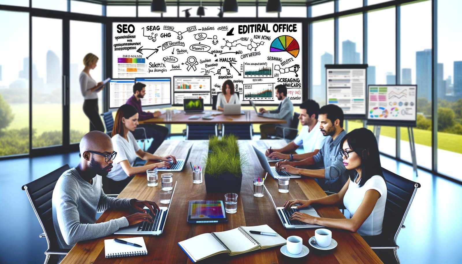 Moderne Redaktion mit Whiteboard, strategischem Redaktionsplan, SEO- und Content-Team am Holztisch, Laptops sowie großen Bildschirmen mit SISTRIX, Google Analytics und Screaming Frog Visualisierungen in einem hellen, gläsernen Büro.