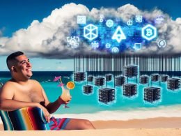 Surreale Strandszenerie mit entspannter Person, KI-Hologrammen und im Hintergrund aufbrechender Realität mit Code-Fehlern und Serversystemen.
