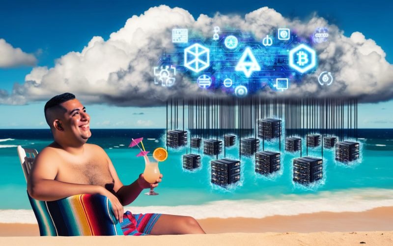 Surreale Strandszenerie mit entspannter Person, KI-Hologrammen und im Hintergrund aufbrechender Realität mit Code-Fehlern und Serversystemen.