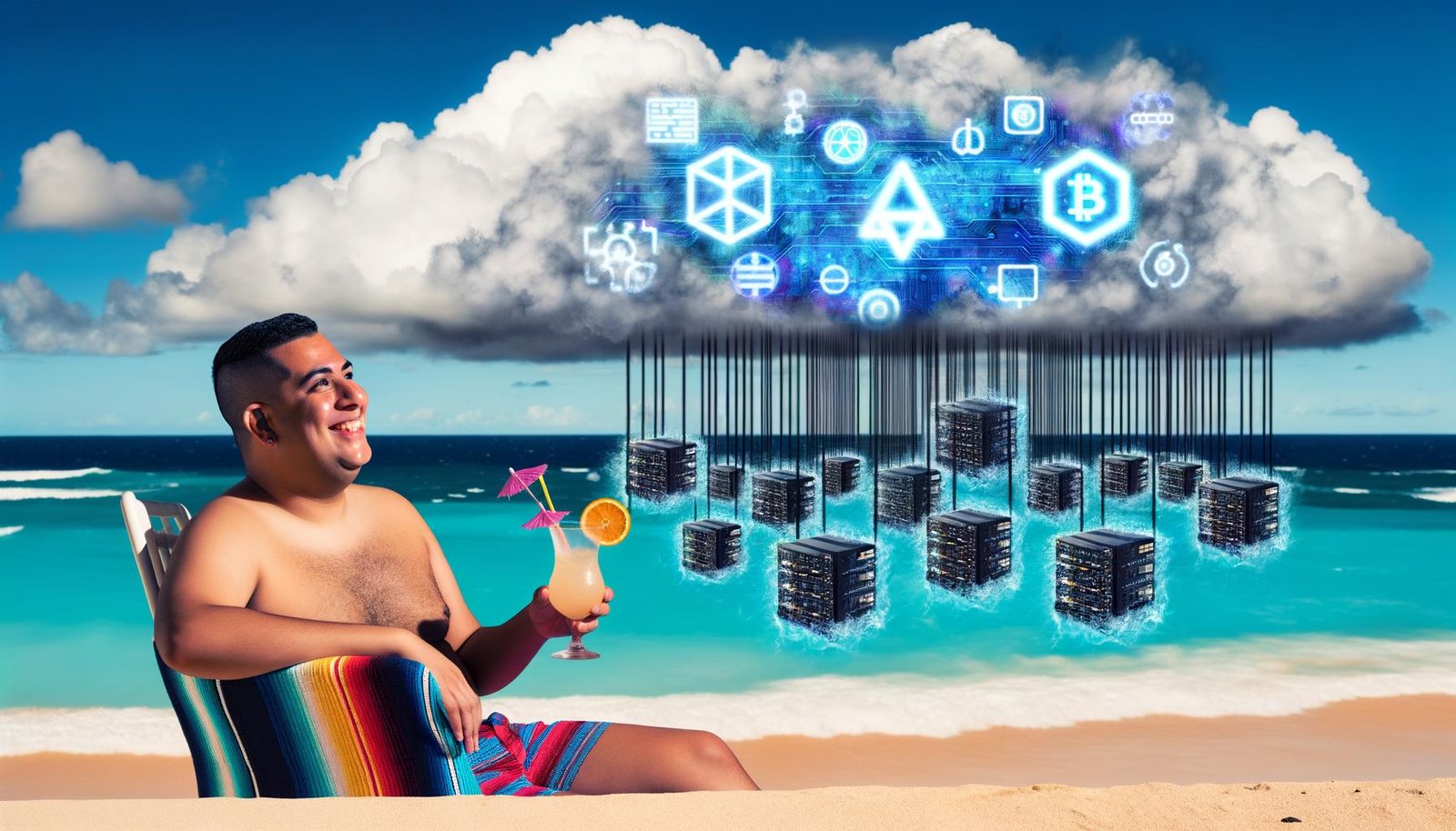Surreale Strandszenerie mit entspannter Person, KI-Hologrammen und im Hintergrund aufbrechender Realität mit Code-Fehlern und Serversystemen.