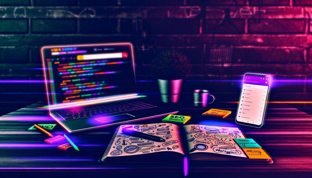 Ein kreativer, chaotischer SEO-Arbeitsplatz im Loft-Look mit Laptop auf Google Search Console, Smartphone mit Ubersuggest, Notizbuch voller Skizzen und bunten Post-its sowie einem verschwommenen Monitor mit PageSpeed Insights im Neonlicht.