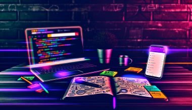 Ein kreativer, chaotischer SEO-Arbeitsplatz im Loft-Look mit Laptop auf Google Search Console, Smartphone mit Ubersuggest, Notizbuch voller Skizzen und bunten Post-its sowie einem verschwommenen Monitor mit PageSpeed Insights im Neonlicht.
