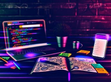 Ein kreativer, chaotischer SEO-Arbeitsplatz im Loft-Look mit Laptop auf Google Search Console, Smartphone mit Ubersuggest, Notizbuch voller Skizzen und bunten Post-its sowie einem verschwommenen Monitor mit PageSpeed Insights im Neonlicht.