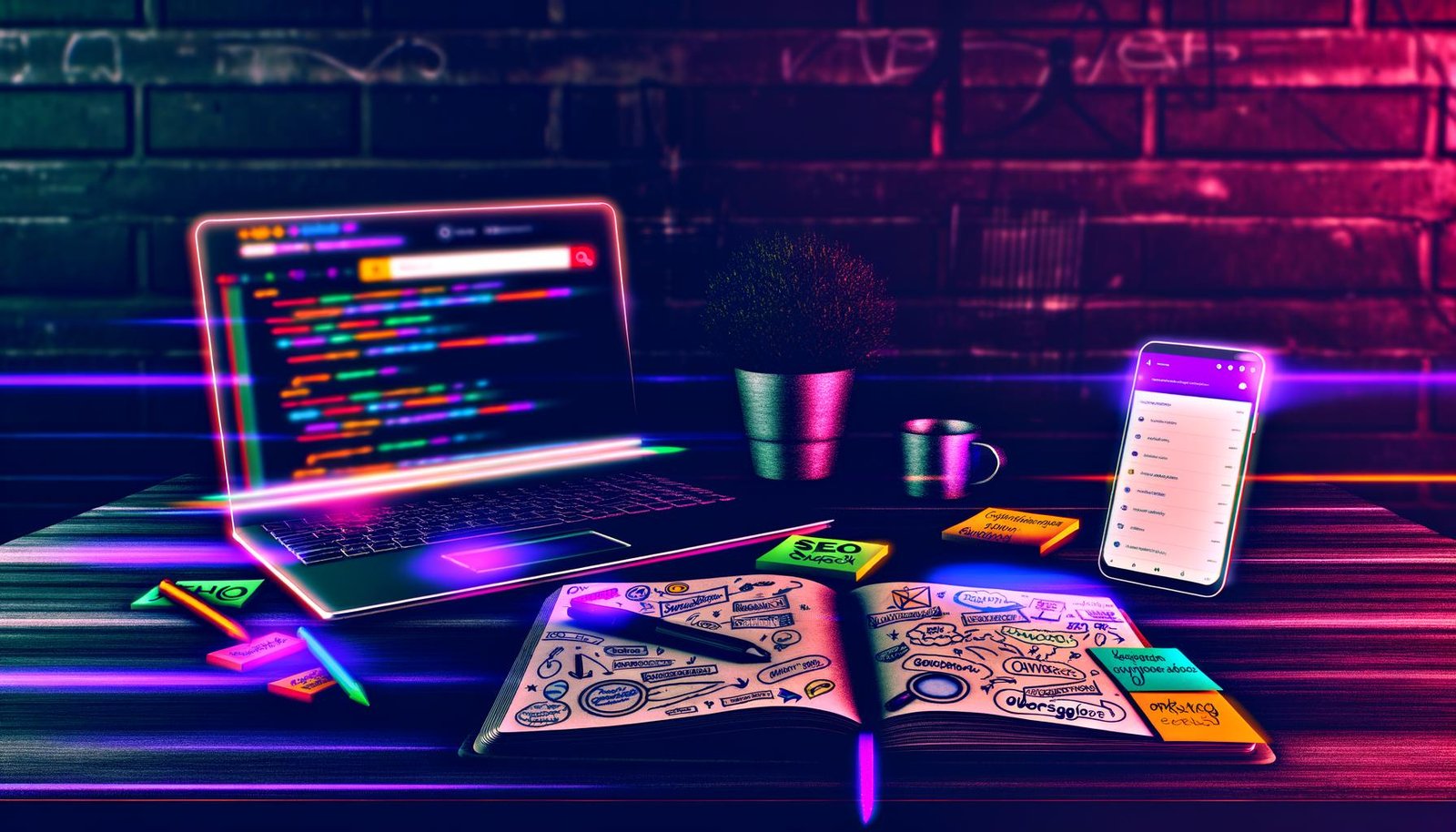 Ein kreativer, chaotischer SEO-Arbeitsplatz im Loft-Look mit Laptop auf Google Search Console, Smartphone mit Ubersuggest, Notizbuch voller Skizzen und bunten Post-its sowie einem verschwommenen Monitor mit PageSpeed Insights im Neonlicht.