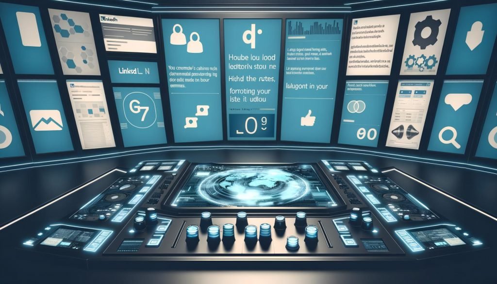 Digitaler, moderner Maschinenraum mit Mischpult, Bildschirmen mit LinkedIn-Posts und Formatierungs-Icons, Analytik-Diagrammen und technischen Overlays im stilisierten Raumschiff-Look.