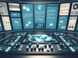Digitaler, moderner Maschinenraum mit Mischpult, Bildschirmen mit LinkedIn-Posts und Formatierungs-Icons, Analytik-Diagrammen und technischen Overlays im stilisierten Raumschiff-Look.